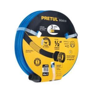 Manguera azul 1/2", 2 capas, 10 metros, conexiones plásticas, para uso doméstico, marca Pretul 25031