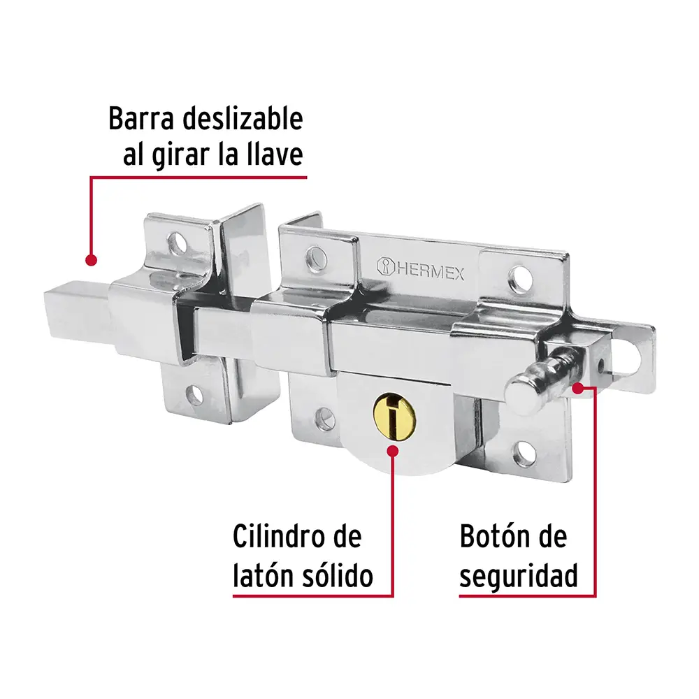 Cerradura de barra fija, lado izquierdo, para puertas de lado izquierdo, marca Hermex.